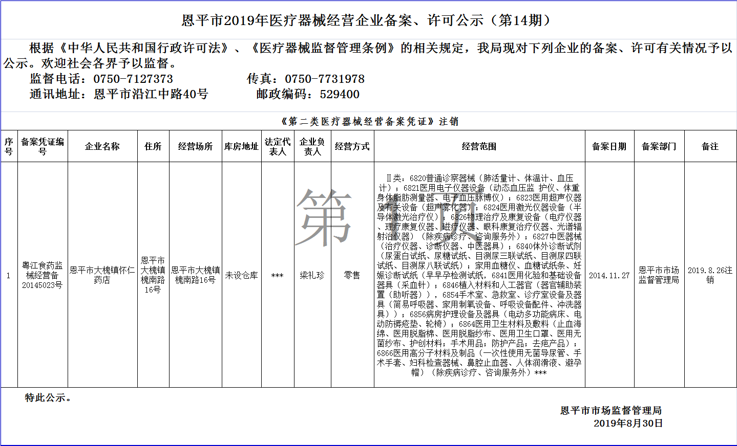 恩平市2019年第十四期医疗器械经营企业备案、许可公示--二类备案.png