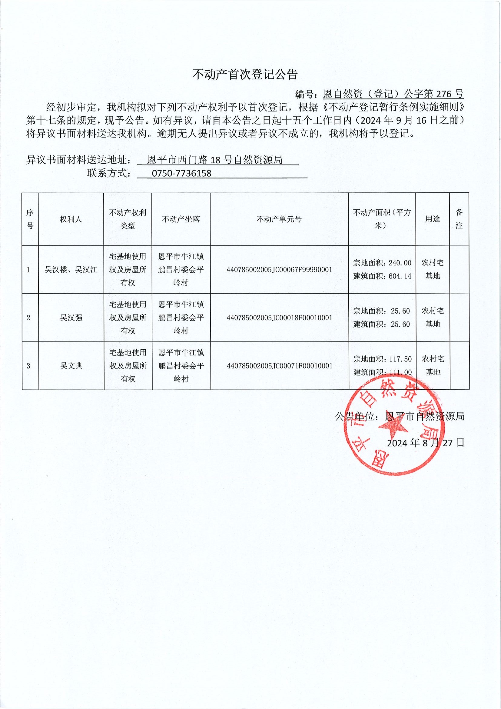 不动产首次登记公告-编号：恩自然资（登记）公字第276号-恩平市牛江镇鹏昌村委会平岭村房地一体.jpg