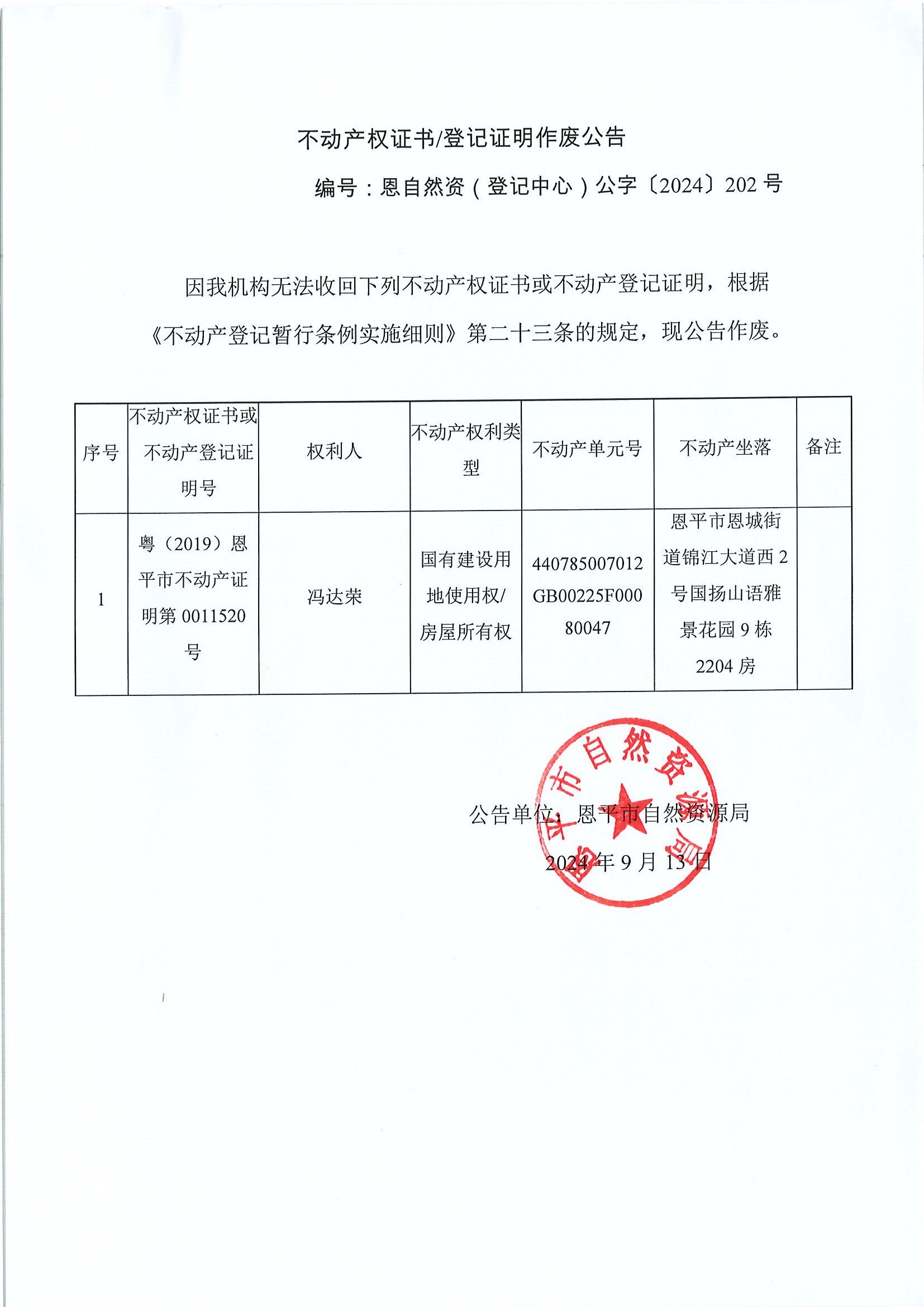 不动产权证书登记证明作废公告-恩自然资（登记中心）公字〔2024〕202号-冯达荣.jpg