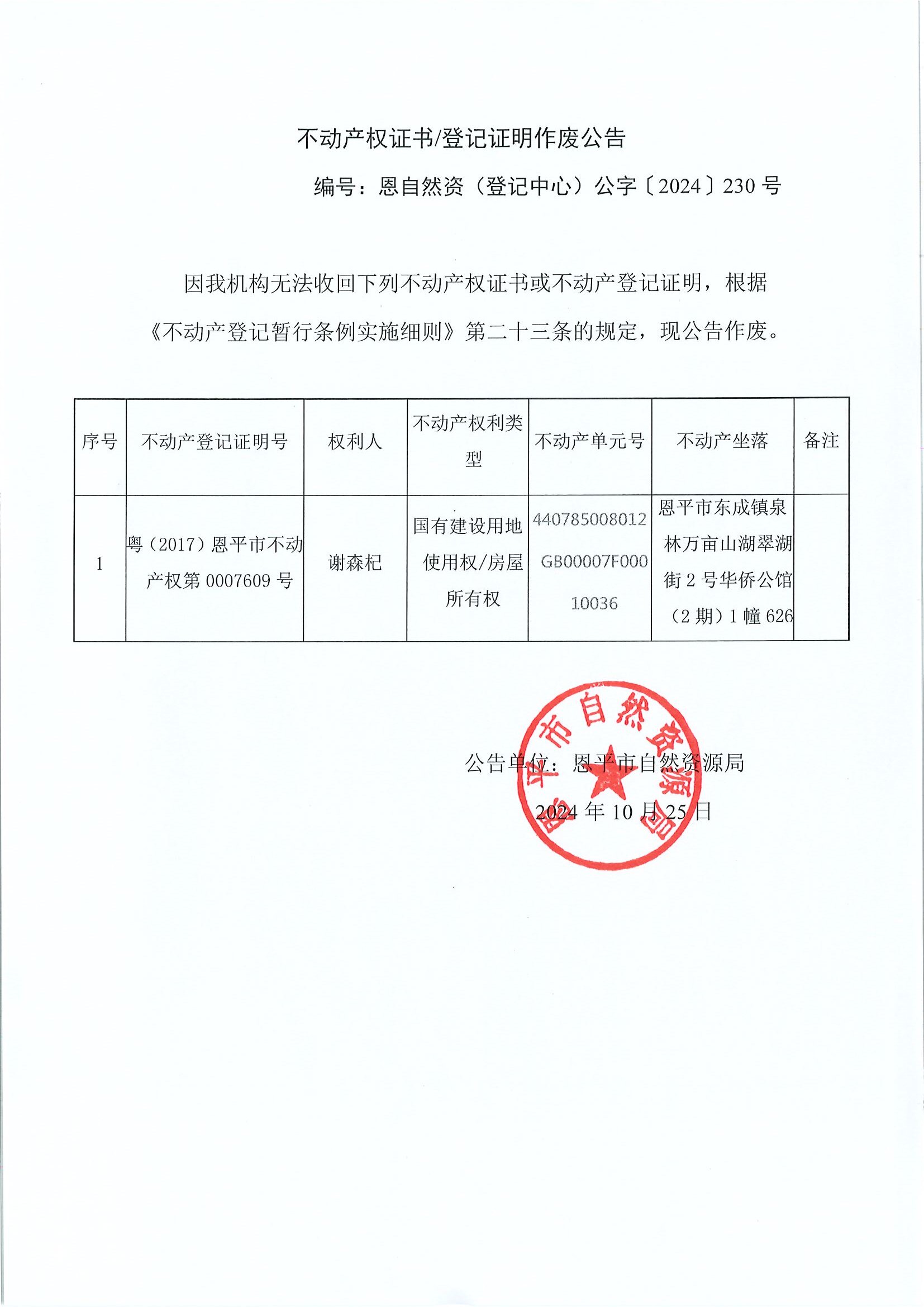 不动产权证书登记证明作废公告-恩自然资（登记中心）公字〔2024〕230号-谢森杞.jpg