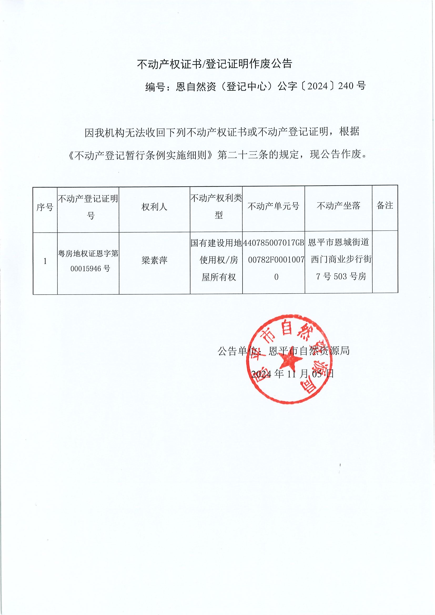 不动产权证书登记证明作废公告-恩自然资（登记中心）公字〔2024〕240号-梁素萍.jpg