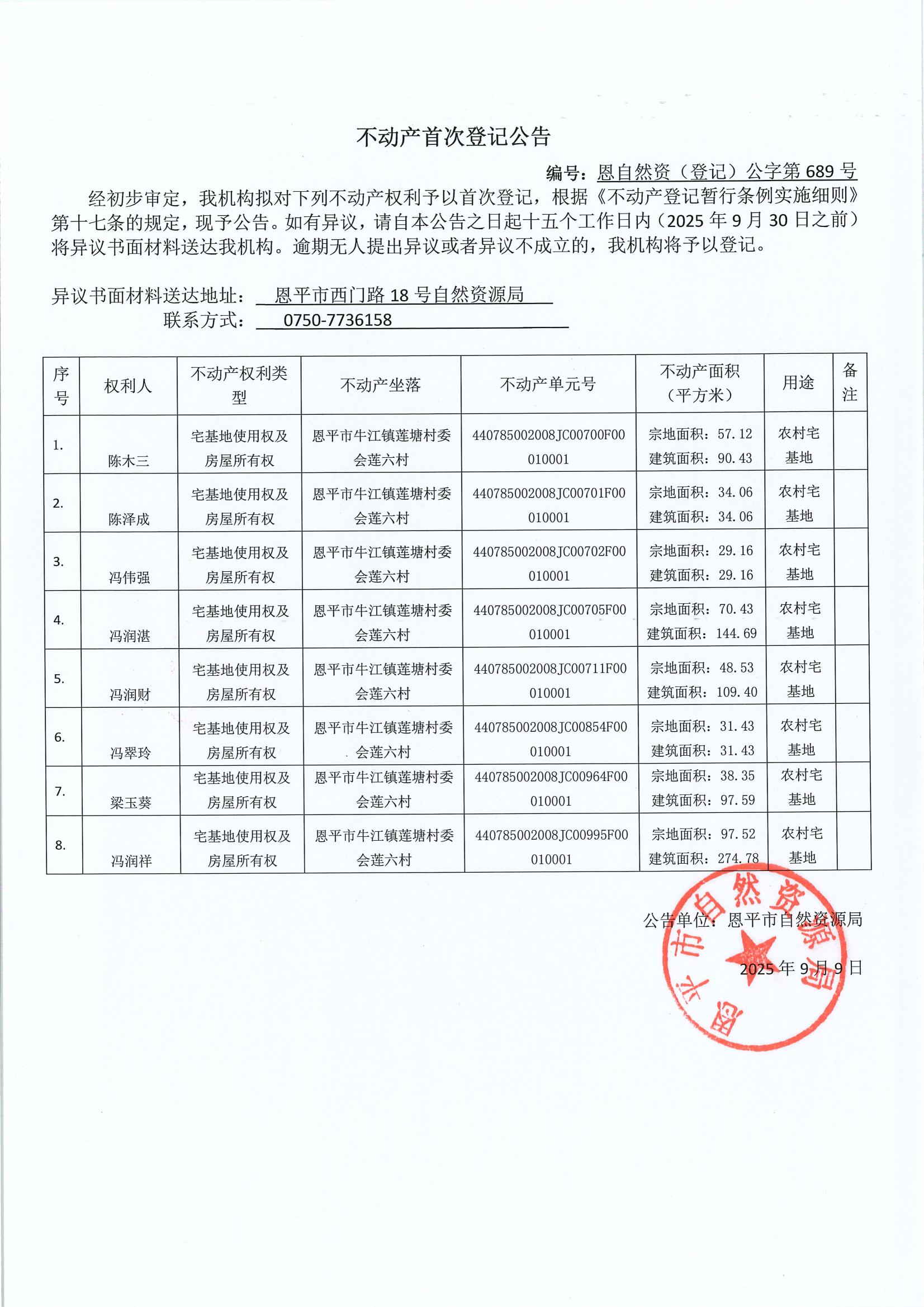 不动产首次登记公告（牛江镇莲塘村委会）-恩自然资（登记）公字第689号.jpg