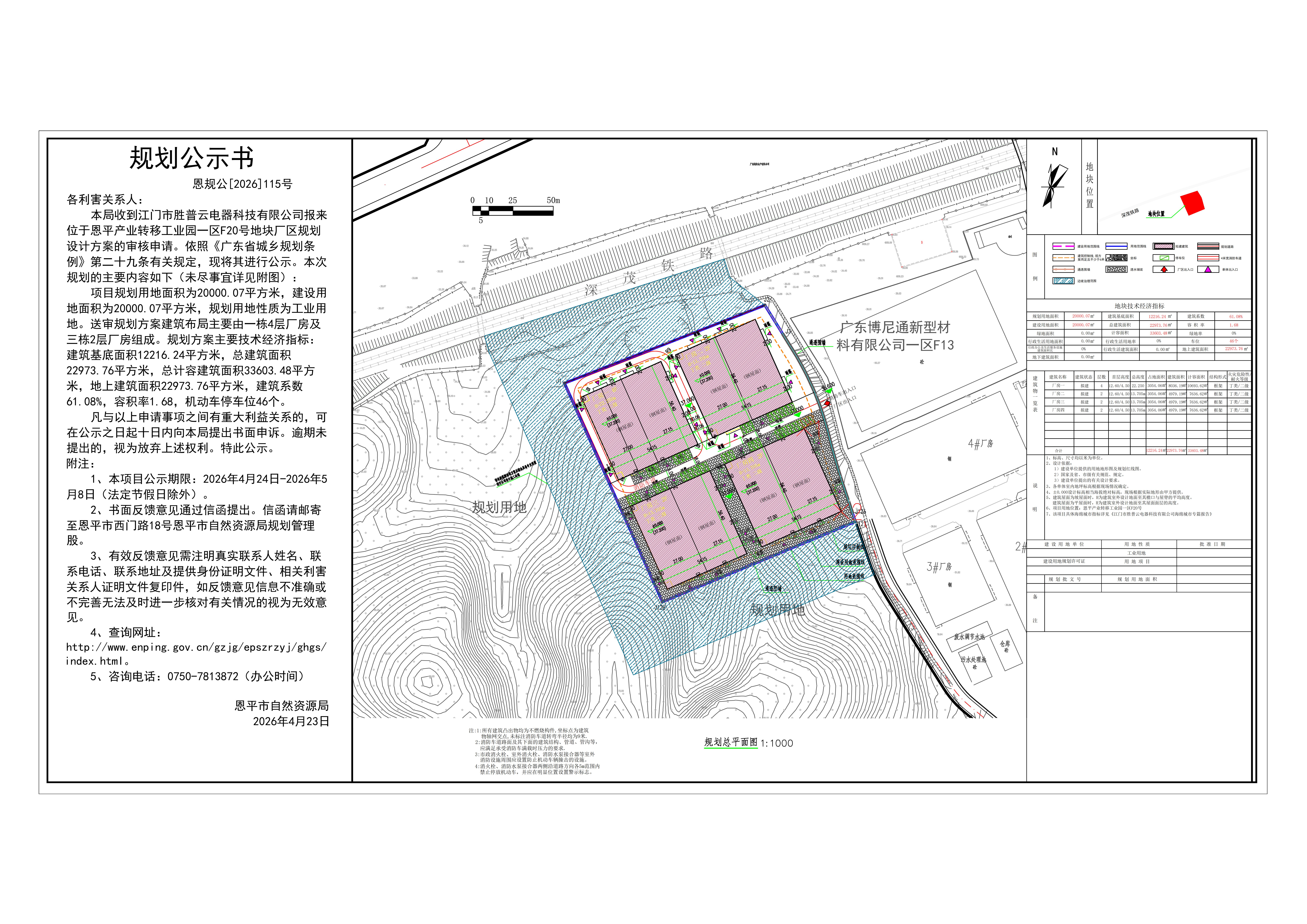 恩规公[2026]115号 规划公示书 关于恩平产业转移工业园一区F20号（江门市胜普云电器科技有限公司）的公示(1).jpg