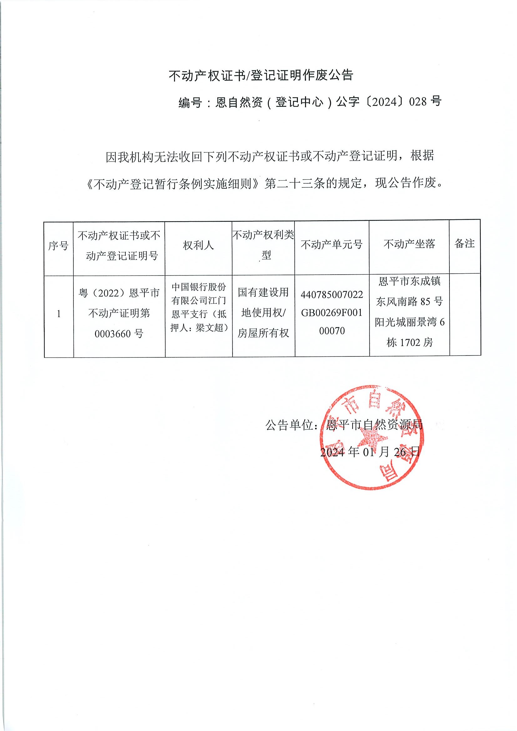 不动产权证书登记证明作废公告-恩自然资（登记中心）公字〔2024〕028号-中国银行股份有限公司江门恩平支行（抵押人：梁文超）.jpg