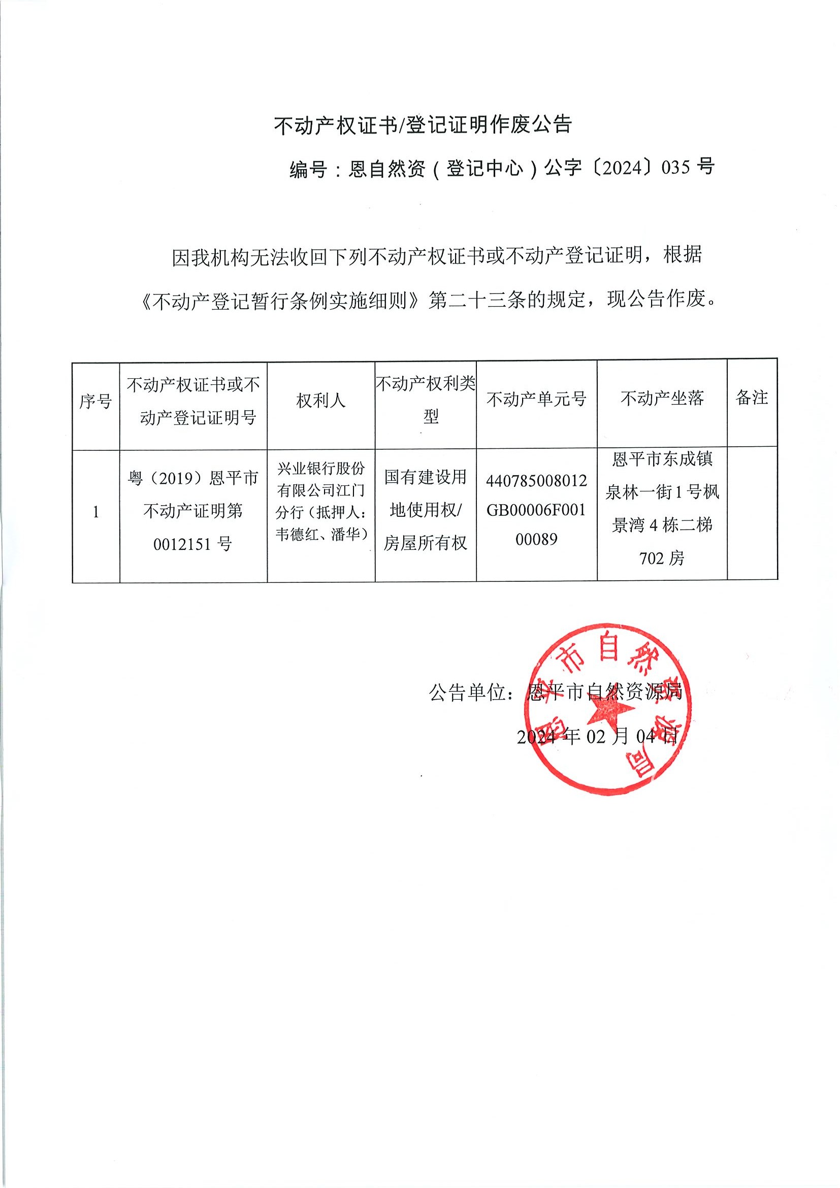 不动产权证书登记证明作废公告-恩自然资（登记中心）公字〔2024〕035号-兴业银行股份有限公司江门分行（抵押人：韦德红、潘华）.jpg