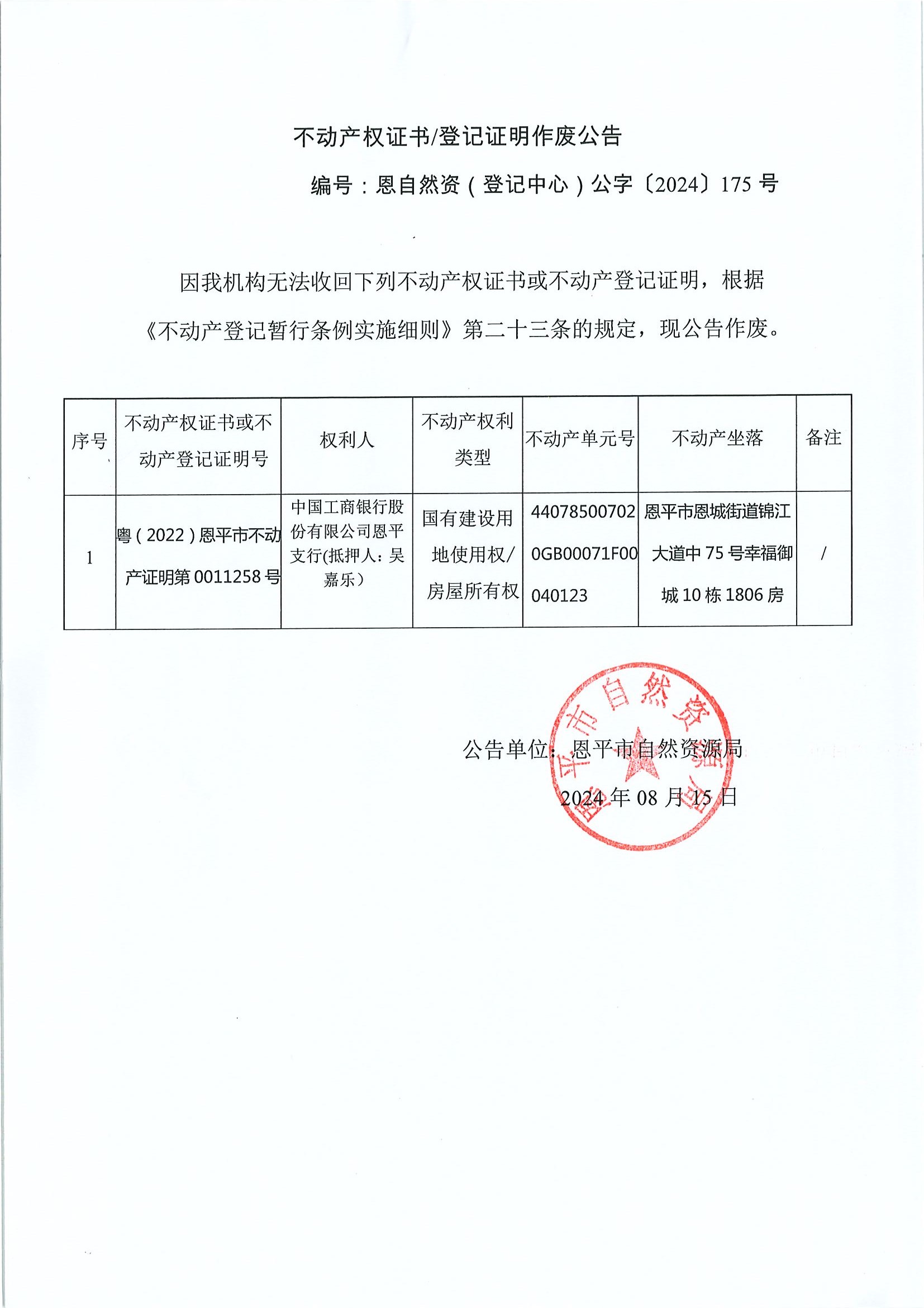不动产权证书登记证明作废公告-恩自然资（登记中心）公字〔2024〕175号-中国工商银行股份有限公司恩平支行（抵押人：吴嘉乐）.jpg