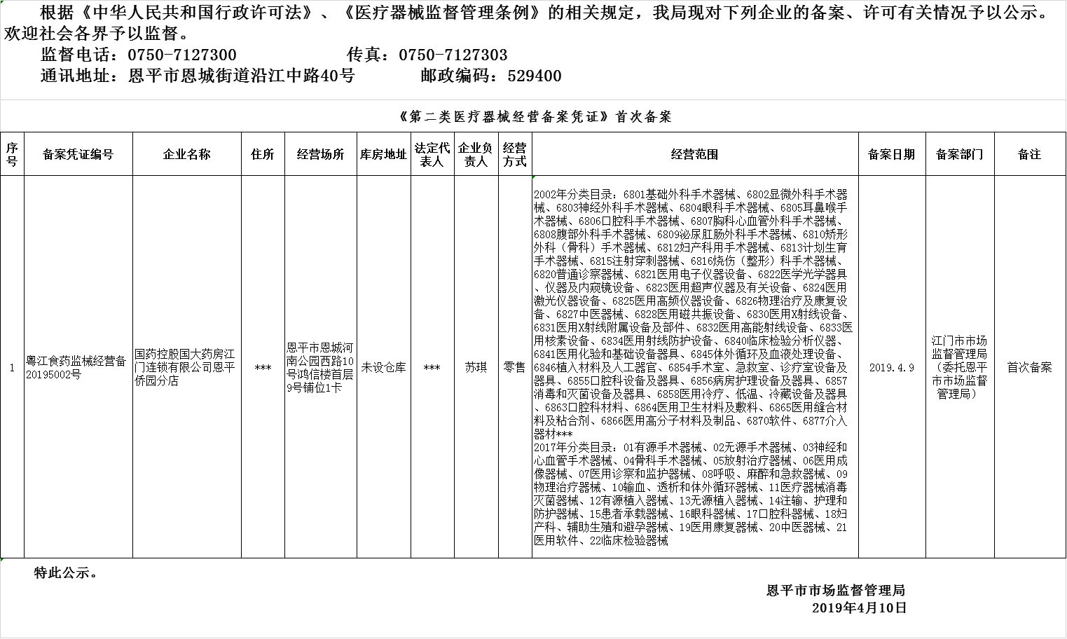 恩平市2019年第三期医疗器械经营企业备案、许可公示（二类备案）.png