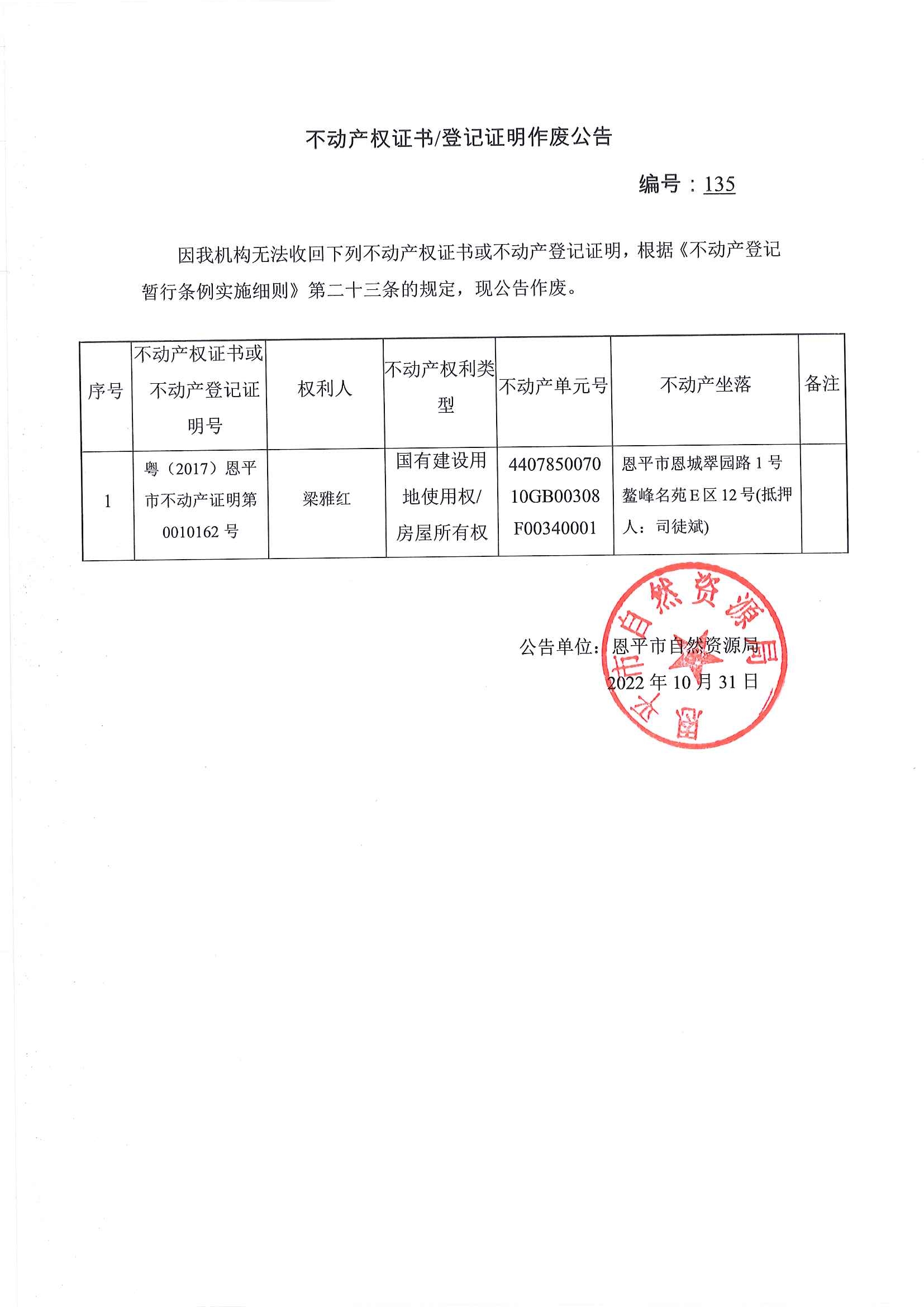 不动产权证书登记证明作废公告 编号：135.jpg