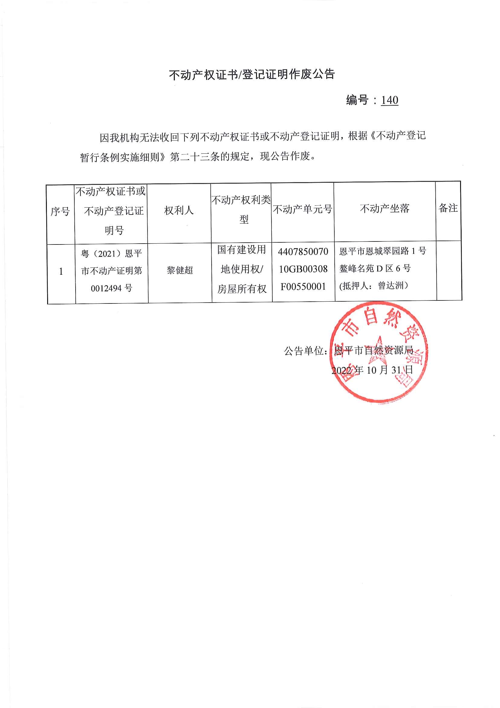 不动产权证书登记证明作废公告 编号：140.jpg